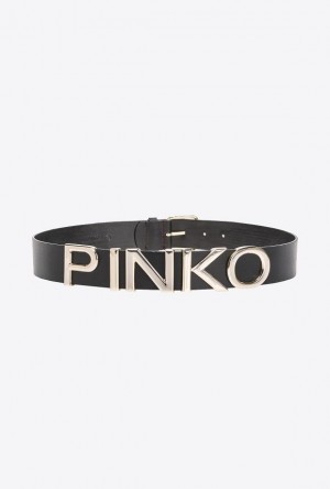 Pinko Belt With Sliding-letter Logo 4cm BLACK-ANTIQUE GOLD | SN-PKO34217