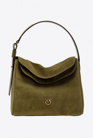 Pinko Big Leaf Bag Hobo In Suede FIR GREEN-ANTIQUE GOLD | SN-PKO32635