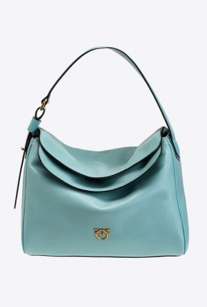 Pinko Big Leaf Bag Hobo In Tumbled Leather SEA BLUE-ANTIQUE GOLD | SN-PKO32391