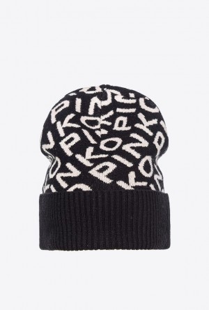 Pinko Branded Knit Beanie BLACK/IVORY | SN-PKO34359