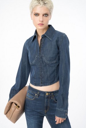 Pinko Cropped Light Denim Bustier Shirt DARK VINTAGE WASH | SN-PKO33155