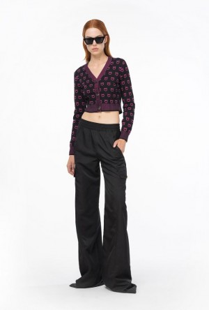 Pinko Cropped Logo Jacquard Cardigan BLACK/FUCHSIA | SN-PKO33475