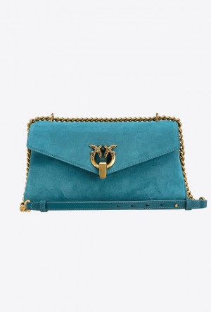 Pinko Cupido Bag Baguette In Suede PACIFIC BLUE-ANTIQUE GOLD | SN-PKO32450