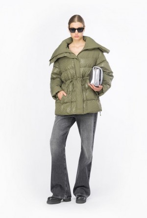 Pinko Down Jacket With Glossy Logo Print CYPRESS GREEN | SN-PKO33643