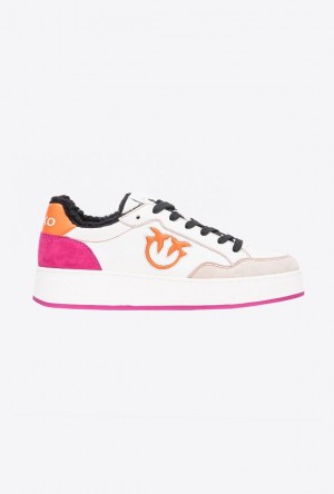 Pinko Faux Fur Basketball Sneakers With Logo OFF WHITE/ORANGE/FUSCHIA | SN-PKO34119