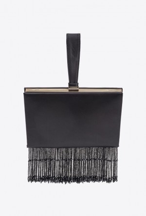 Pinko Fringed Satin Handbag LIMO BLACK-SHINY GOLD | SN-PKO32845