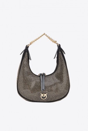 Pinko Fully Rhinestoned Mini Brioche Bag Hobo LIMO BLACK-SHINY GOLD | SN-PKO32732