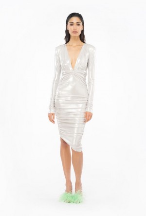 Pinko Laminated Jersey Calf-length Dress PEARL WHITE | SN-PKO32969