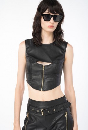 Pinko Leather-effect Crop Top LIMO BLACK | SN-PKO33288