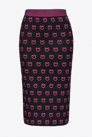 Pinko Logo Jacquard Calf-length Skirt BLACK/FUCHSIA | SN-PKO34039