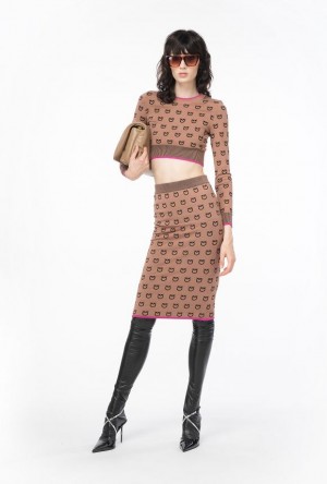 Pinko Logo Jacquard Calf-length Skirt CAMEL/BLACK | SN-PKO33829