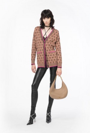 Pinko Logo Jacquard Cardigan CAMEL/BLACK | SN-PKO33514