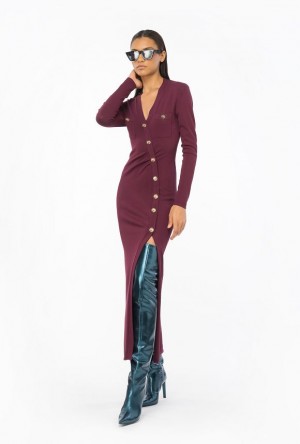 Pinko Long Knit Dress With Golden Buttons BURGUNDY-PORT ROYALE | SN-PKO33088