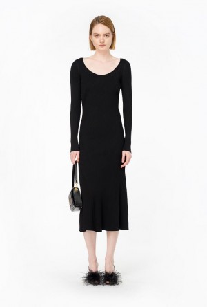 Pinko Long Ribbed Knit Dress LIMO BLACK | SN-PKO32971