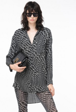 Pinko Long Shirt With Fluid Logo Print BLACK/WHITE | SN-PKO33841