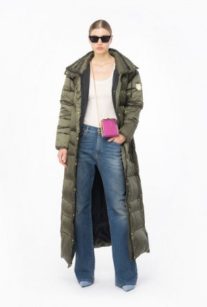 Pinko Long Technical Satin Down Jacket IRIS-LEAF GREEN | SN-PKO33641