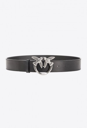 Pinko Love Birds High Leather Belt 4cm BLACK-OLD SILVER | SN-PKO34253