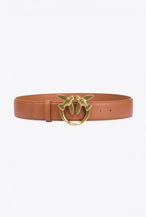 Pinko Love Birds High Leather Belt 4cm TAN ANTIQUE GOLD | SN-PKO34228