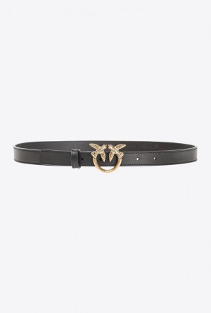 Pinko Love Birds Thin Leather Belt 2cm BLACK-ANTIQUE GOLD | SN-PKO34255