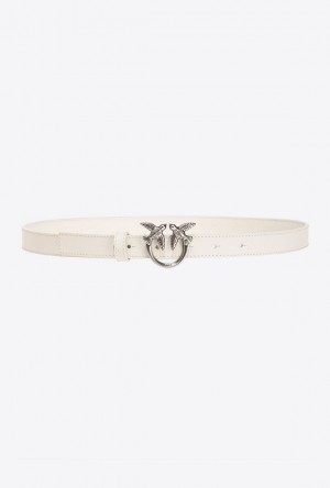 Pinko Love Birds Thin Leather Belt 2cm WHITE+WHITE-OLD SILVER | SN-PKO34172