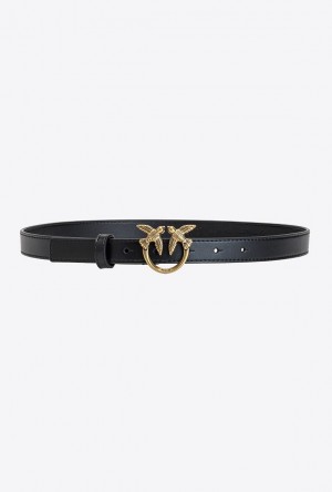 Pinko Love Birds Thin Leather Belt BLACK-ANTIQUE GOLD | SN-PKO34198