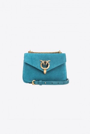 Pinko Mini Cupido Bag Messenger In Suede PACIFIC BLUE-ANTIQUE GOLD | SN-PKO32658