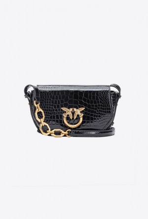 Pinko Mini Love Bag Click Exagon In Patent Crocodile-print Leather BLACK-ANTIQUE GOLD | SN-PKO32726