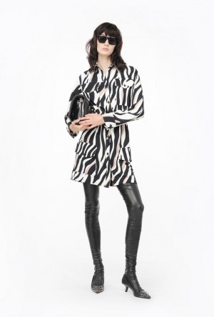 Pinko Mini Shirt Dress With Psychedelic Zebra Print WHITE/BLACK/ BEIGE | SN-PKO33101