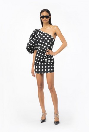 Pinko One-shoulder Polka-dot Mini Dress BLACK/WHITE | SN-PKO33049