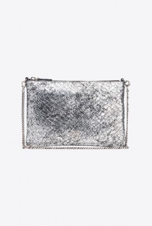 Pinko Pinko Galleria Crackle-effect Crocodile Flat Love Bag DARK SILVER-OLD SILVER | SN-PKO34299