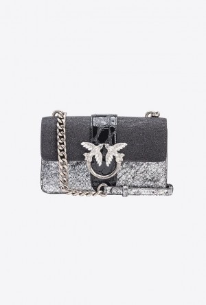 Pinko Pinko Galleria Laminated Lizard-print Mini Love Bag One BLACK/SILVER-OLD SILVER | SN-PKO32794