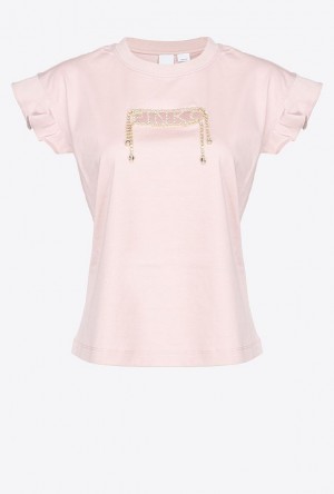 Pinko Rhinestone-logo T-shirt With Flounced Sleeves NUDE - BABY | SN-PKO33253