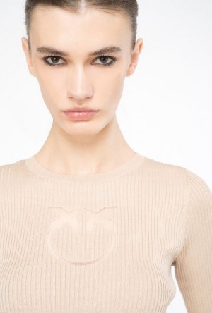 Pinko Ribbed Sweater With Transparent Love Birds Logo BEIGE-CHAMOIS | SN-PKO33403