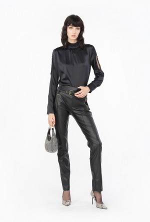 Pinko Satin Blouse With Mini Ruches LIMO BLACK | SN-PKO33206