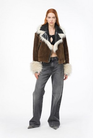 Pinko Short Sheepskin-effect Pea Coat With Patch BROWN/BLACK/ECRU' | SN-PKO33622