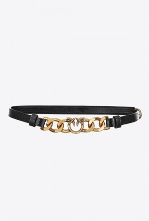 Pinko Thin Belt With Tiny Love Birds And Chain 1cm BLACK-ANTIQUE GOLD | SN-PKO34212