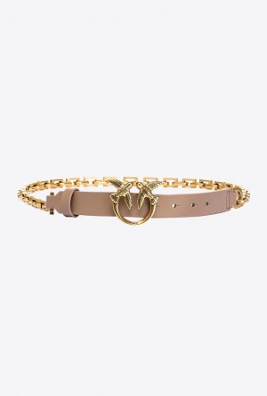 Pinko Thin Love Birds Belt With Chain 2cm GINGER BISCUIT-ANTIQUE GOLD | SN-PKO34203