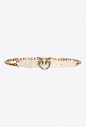 Pinko Thin Love Birds Belt With Chain 2cm WHITE+WHITE-ANTIQUE GOLD | SN-PKO34206