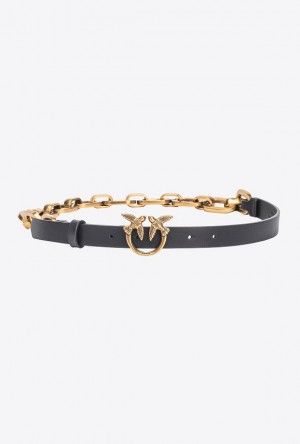 Pinko Thin Love Birds Belt With Chain BLACK-ANTIQUE GOLD | SN-PKO34184