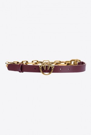 Pinko Thin Love Birds Belt With Chain INTENSE BERRY-ANTIQUE GOLD | SN-PKO34170