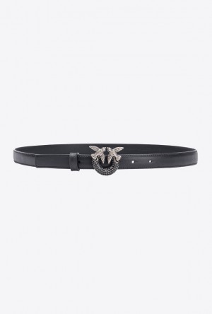 Pinko Thin Love Birds Belt With Rhinestones 2cm BLACK-OLD SILVER | SN-PKO34249