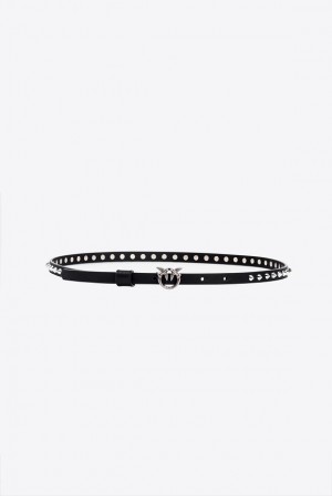 Pinko Thin Love Birds Belt With Studs 1cm BLACK-OLD SILVER | SN-PKO34219