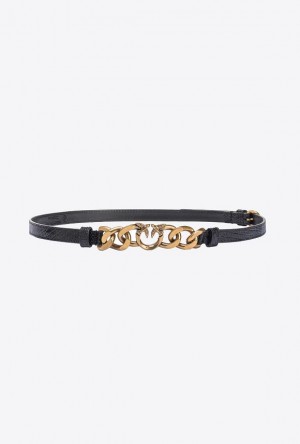 Pinko Thin Reptile-print Belt 1cm BLACK-ANTIQUE GOLD | SN-PKO34215