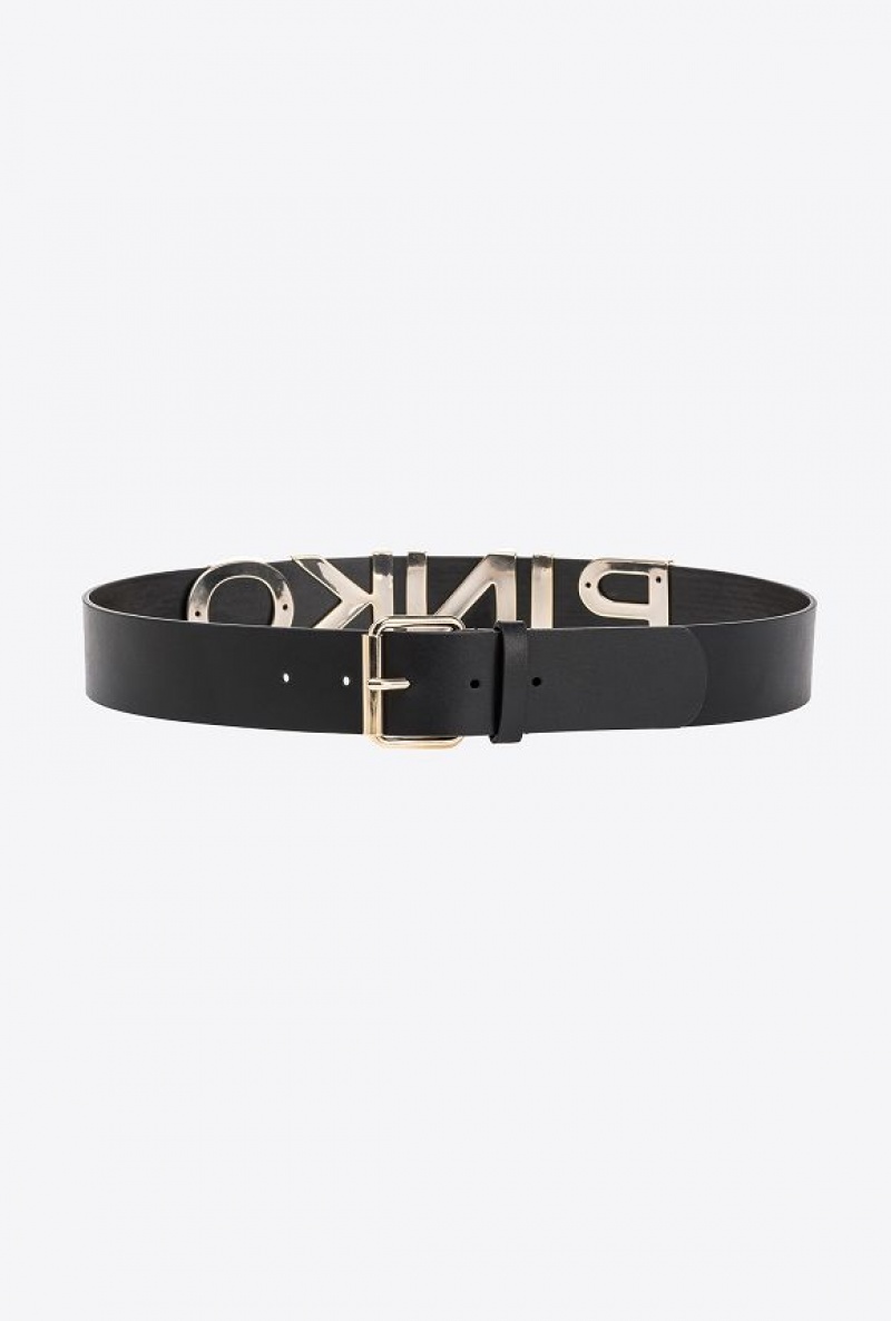 Pinko Belt With Sliding-letter Logo 4cm BLACK-ANTIQUE GOLD | SN-PKO34217