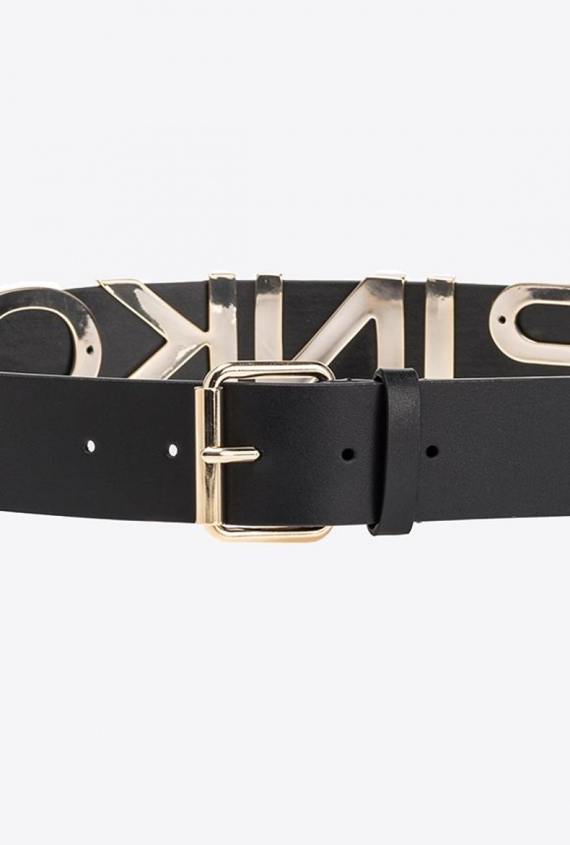 Pinko Belt With Sliding-letter Logo 4cm BLACK-ANTIQUE GOLD | SN-PKO34217