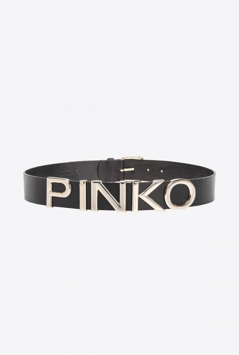 Pinko Belt With Sliding-letter Logo 4cm BLACK-ANTIQUE GOLD | SN-PKO34217