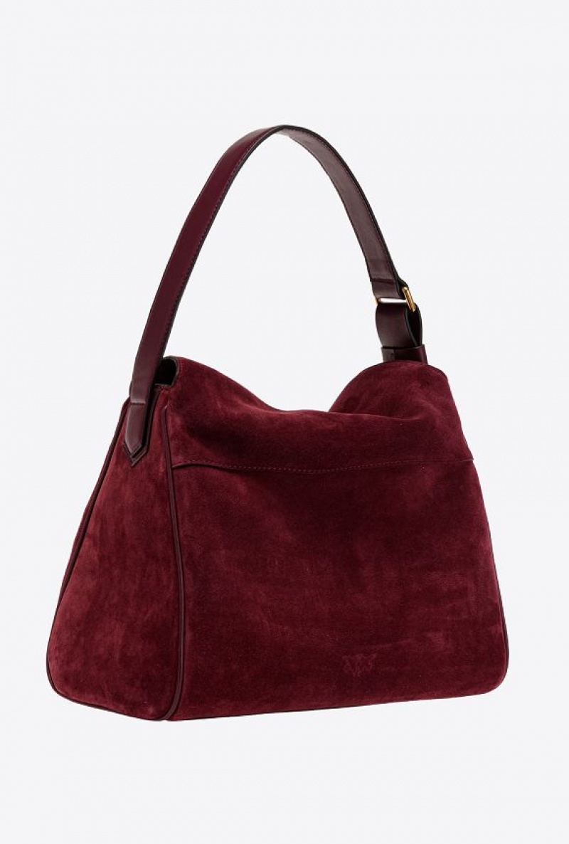 Pinko Big Leaf Bag Hobo In Suede INTENSE BERRY-ANTIQUE GOLD | SN-PKO32849