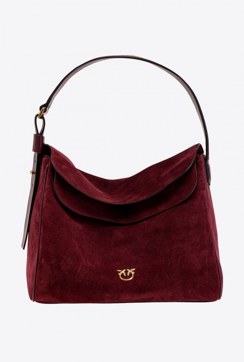 Pinko Big Leaf Bag Hobo In Suede INTENSE BERRY-ANTIQUE GOLD | SN-PKO32849