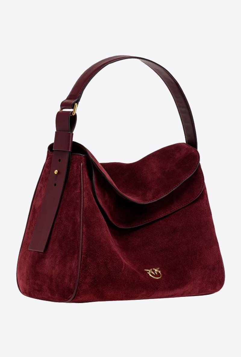 Pinko Big Leaf Bag Hobo In Suede INTENSE BERRY-ANTIQUE GOLD | SN-PKO32381