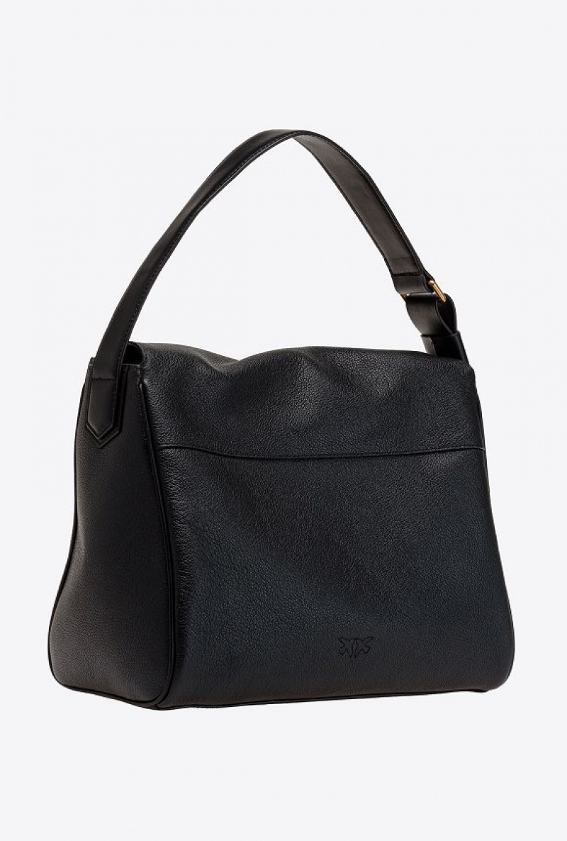 Pinko Big Leaf Bag Hobo In Tumbled Leather BLACK-ANTIQUE GOLD | SN-PKO32637